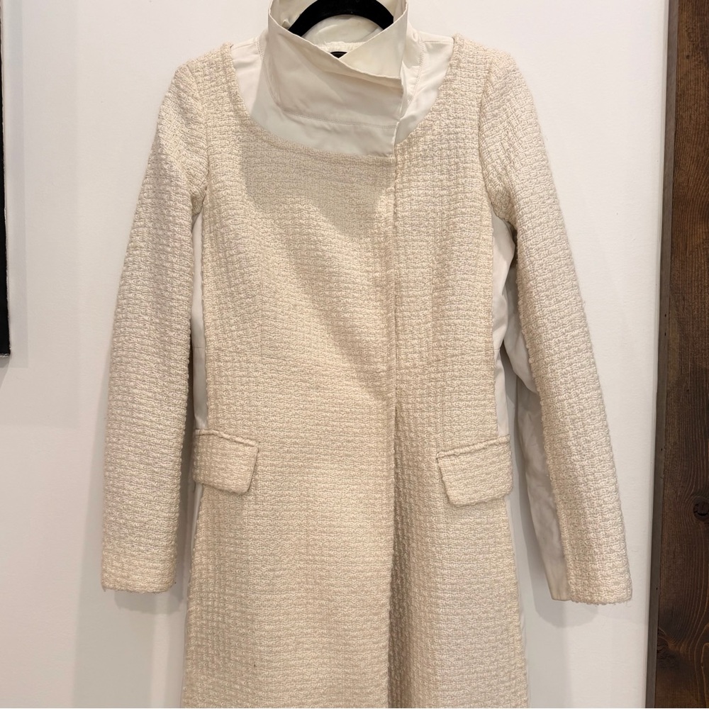 BCBG MaxAzria  Cream Tweed Coat Dress - Elegant Textured Long Sleeve